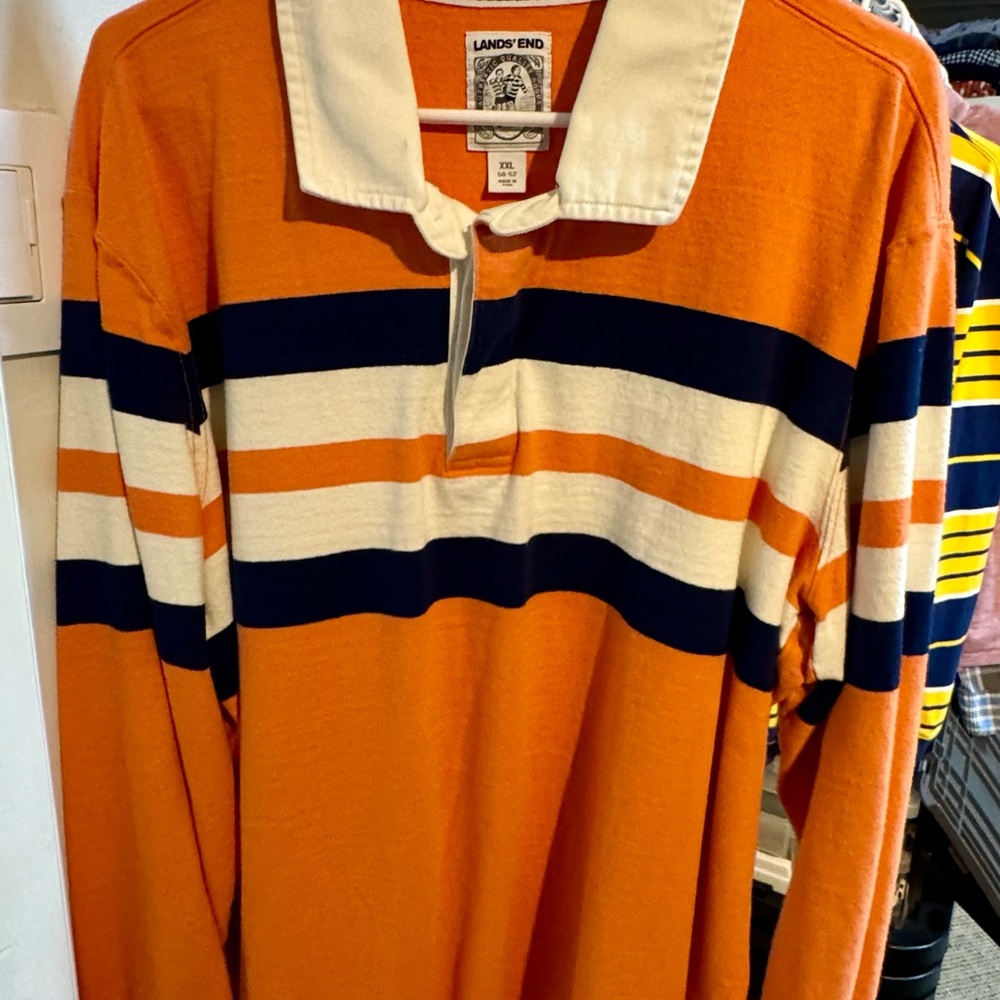 Lands' End Men's Orange and Navy Rugby Shirt
